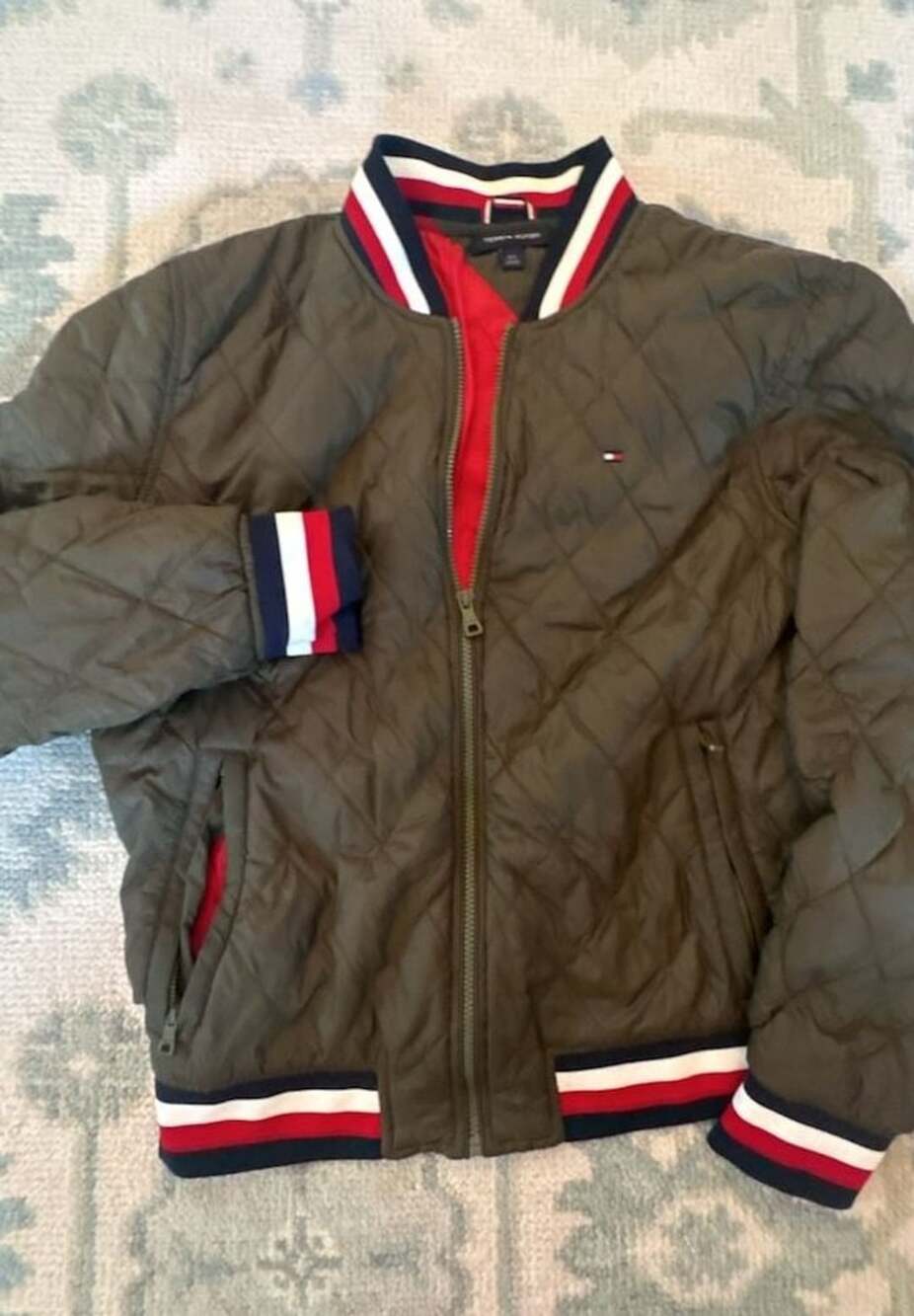 Size L Tommy Hilfiger Olive Green Quilted Bomber Jacket with Striped Ribbed Trim